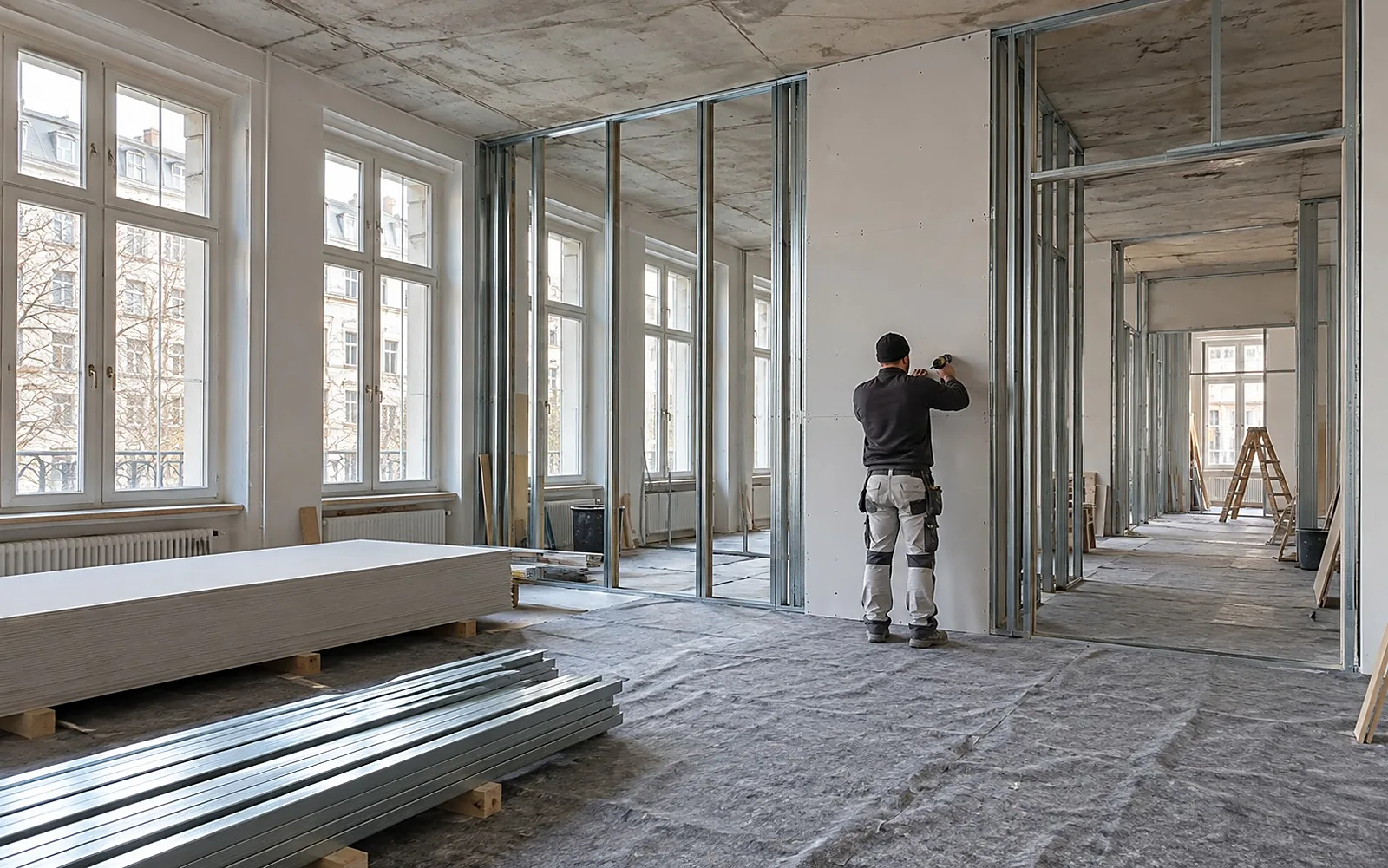 Gewerbeetage in einem Altbau im Ausbau: neue Trockenbauwände aus Metallständerwerk, ein Handwerker von hinten