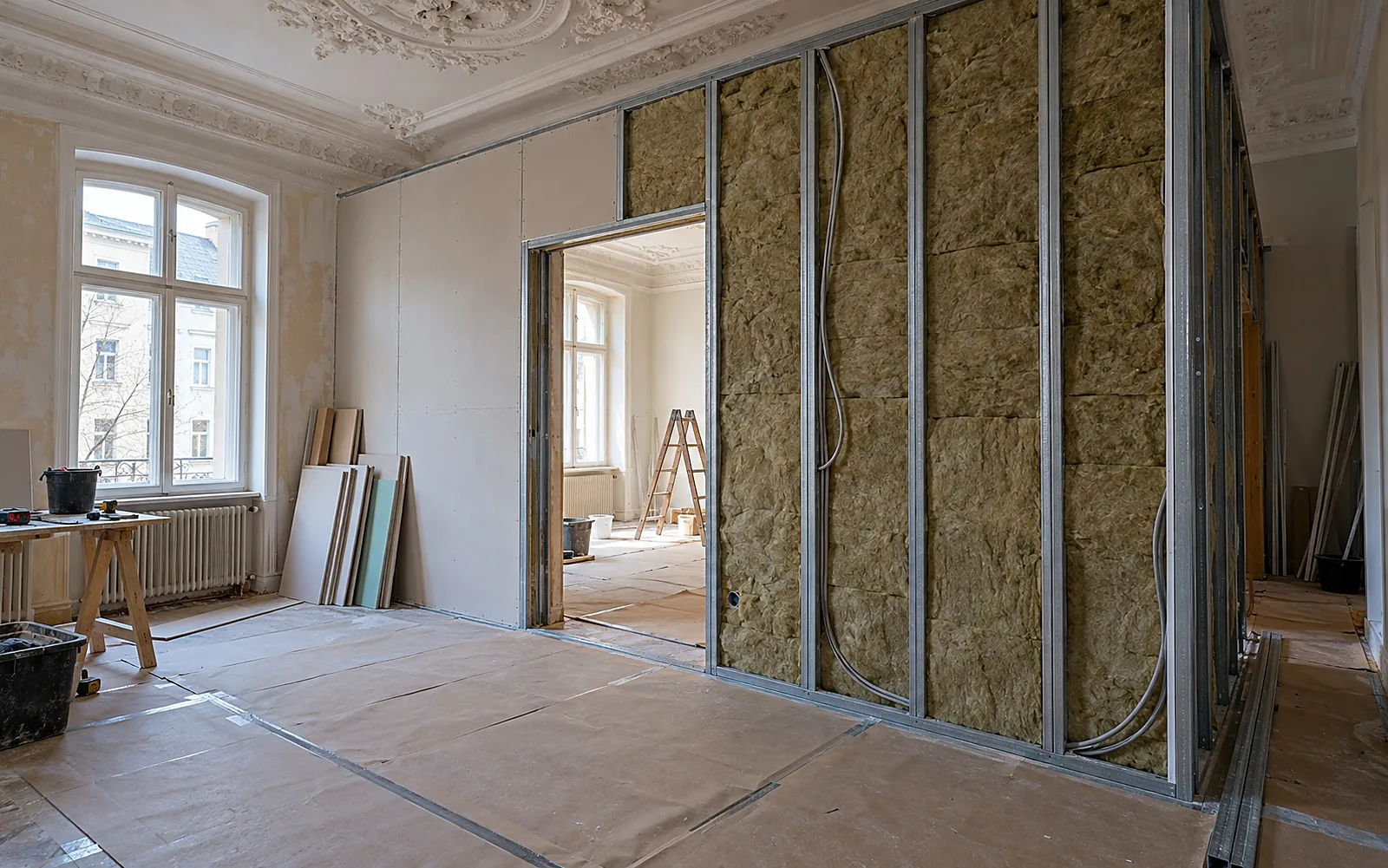 Trennwand einziehen: neue Ständerwand mit Türöffnung und Mineralwolle in einem Altbauzimmer mit Stuckdecke