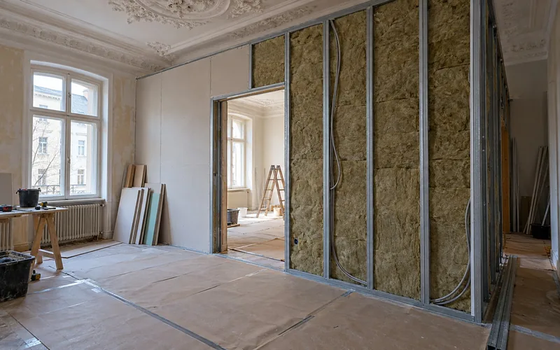 Trennwand einziehen: neue Ständerwand mit Türöffnung und Mineralwolle in einem Altbauzimmer mit Stuckdecke