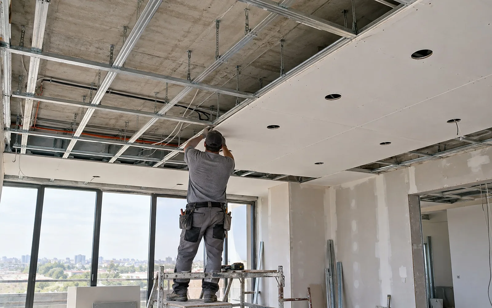 Decke abhängen: Abhänger und Metallprofile unter einer Betondecke, ein Teil mit Gipsplatten geschlossen