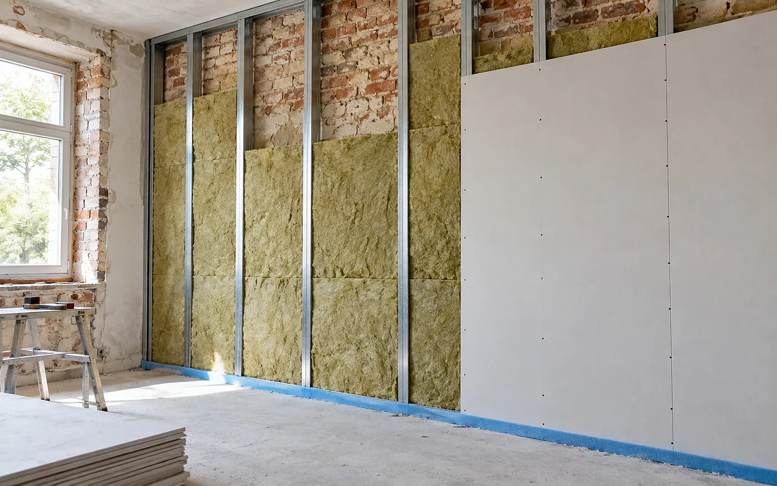 Vorsatzschale mit Mineralwolle zwischen Metallprofilen vor einer Ziegelwand
