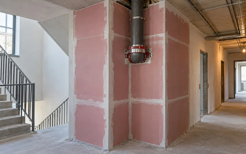 Brandschutz im Trockenbau: mit Feuerschutzplatten verkleideter Installationsschacht in einem Flur