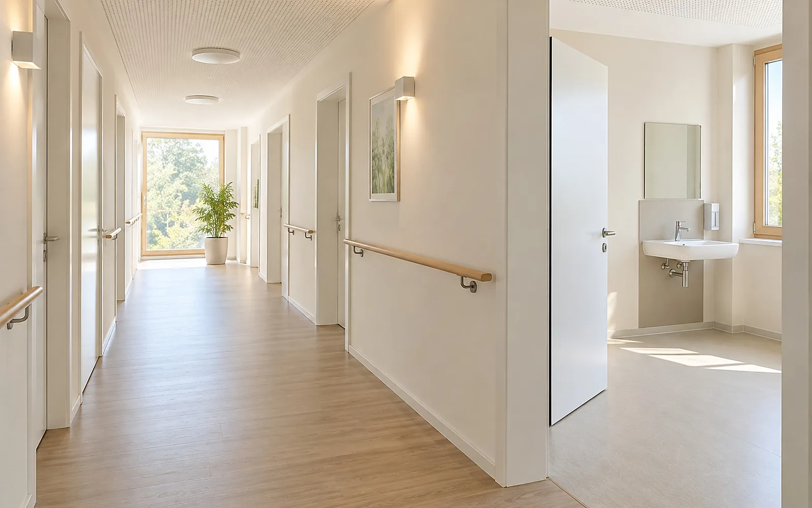 Praxisumbau: heller Praxisflur mit breiten weißen Türen und Handwaschbecken im Behandlungsraum