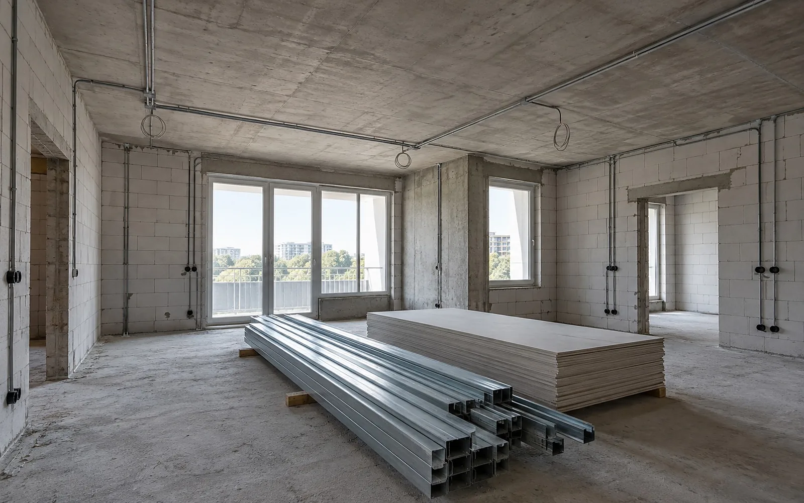 Rohbauwohnung mit Betondecke, Leerrohren und gestapelten Gipsplatten