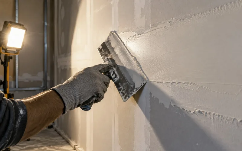 Spachtelstufen: Hand mit Glättkelle spachtelt eine Gipsplattenwand im Streiflicht eines Baustrahlers