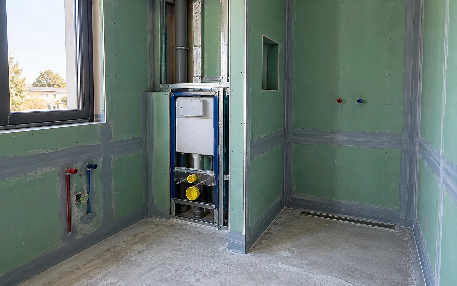 Bad im Rohbau mit grünen imprägnierten Gipsplatten und Vorwandelement