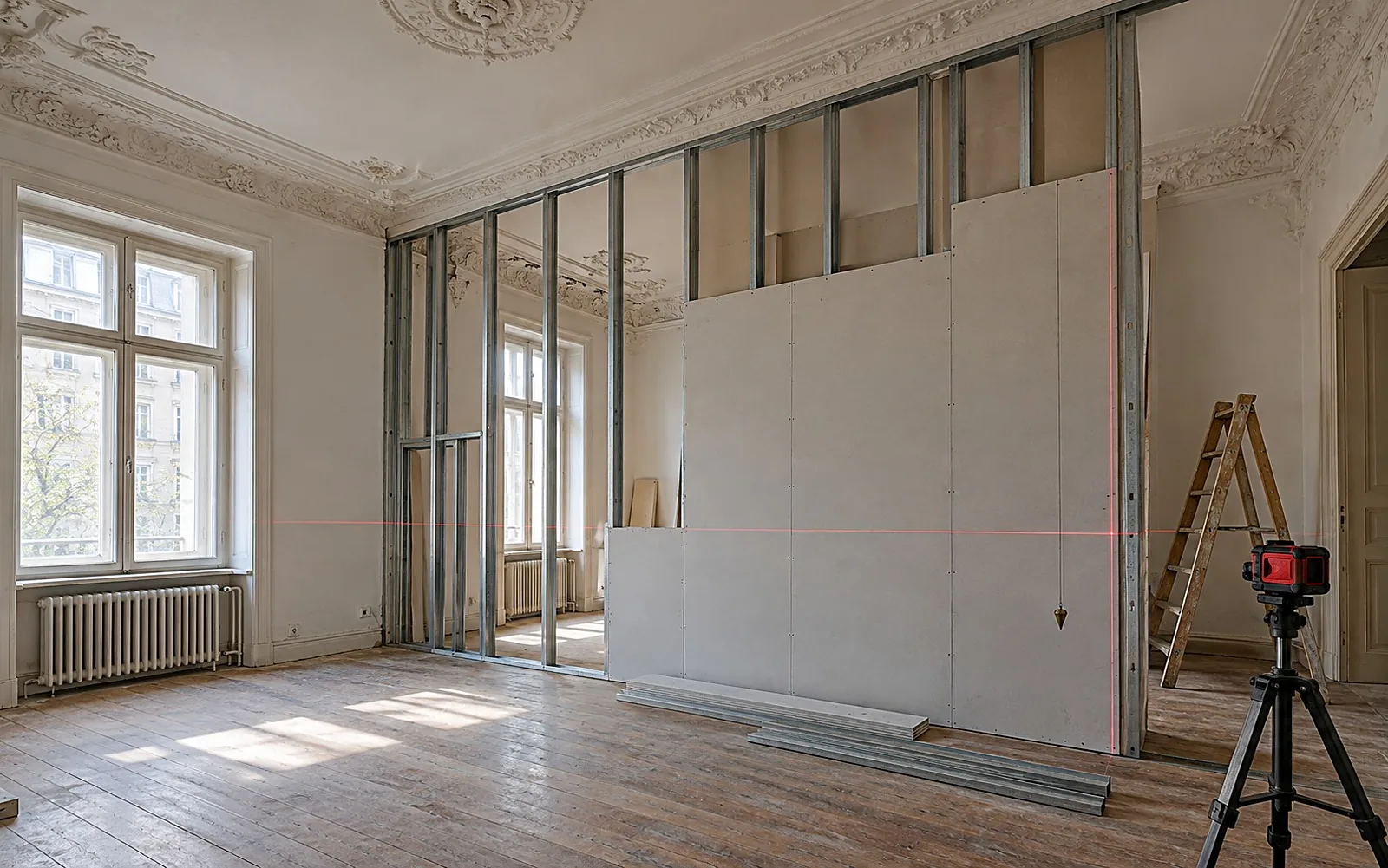 hohes Zimmer mit Stuck und Dielenboden, neue Trockenbauwand im Bau