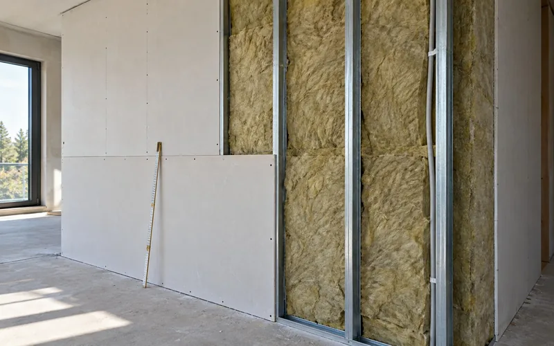 Trockenbauwand Kosten: halb beplankte Wand mit sichtbarer Mineralwolle und angelegtem Zollstock