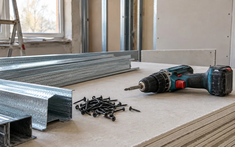 Trockenbau Preise: Metallprofile, Schrauben und Akkuschrauber auf einer Gipsplatte