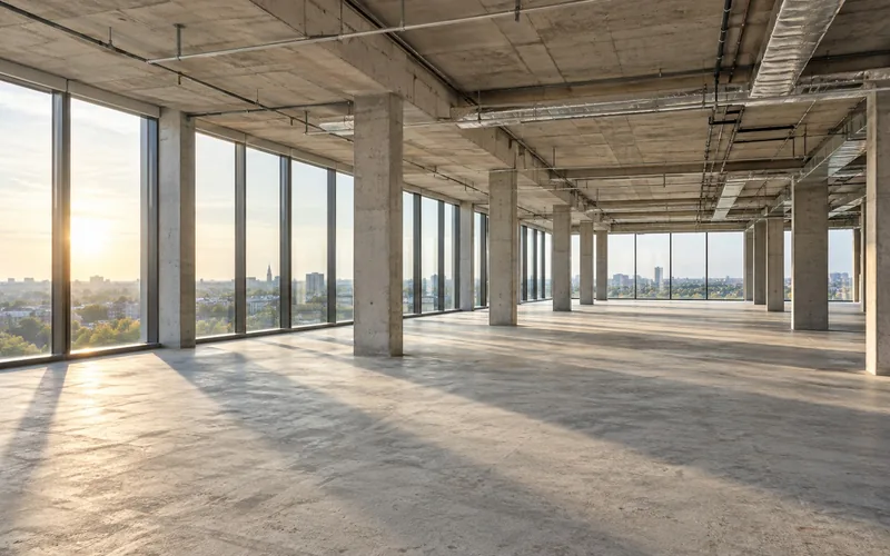 Büroausbau Kosten: große leere Büroetage vor dem Ausbau mit Betonstützen und vielen Fenstern