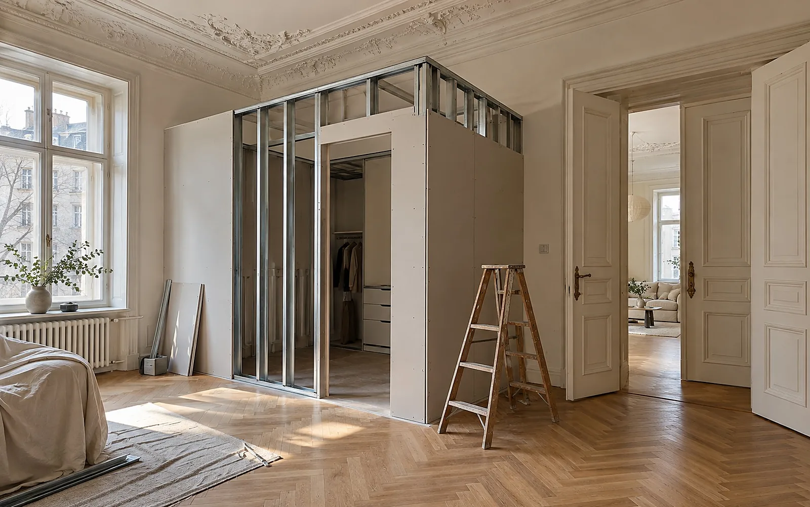 Wohnung mit Stuck, Flügeltüren und Parkett, neue Wand für ein Ankleidezimmer
