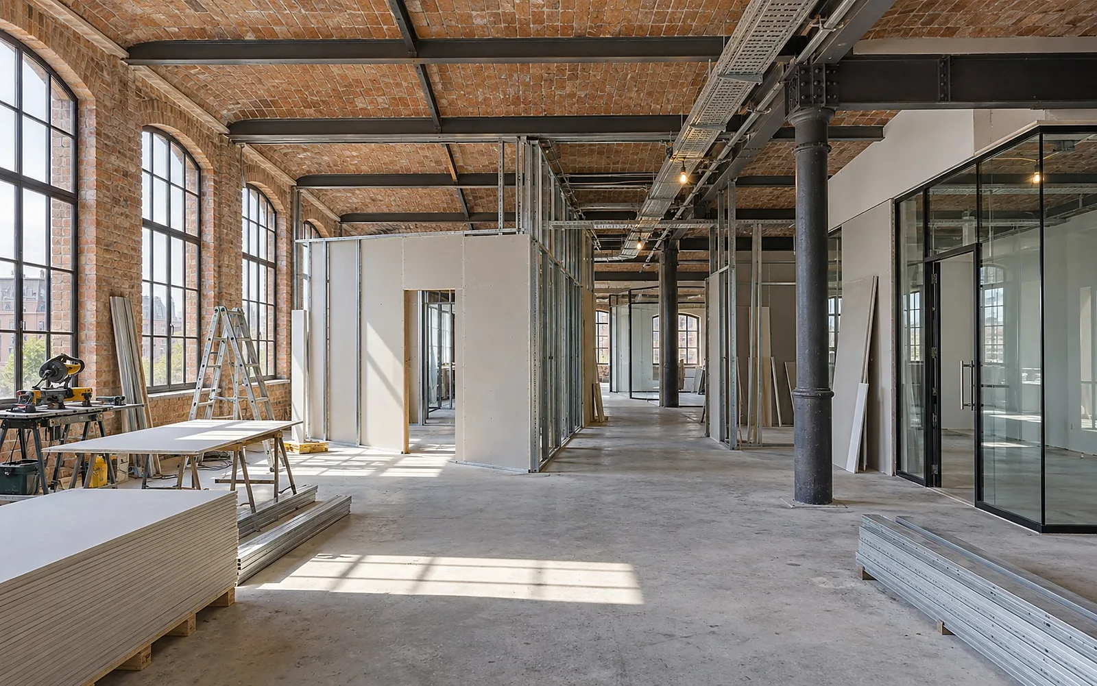 Fabriketage mit Backstein, Stahlträgern und Kappendecke, Einbau von Büroräumen aus Trockenbau und Glas