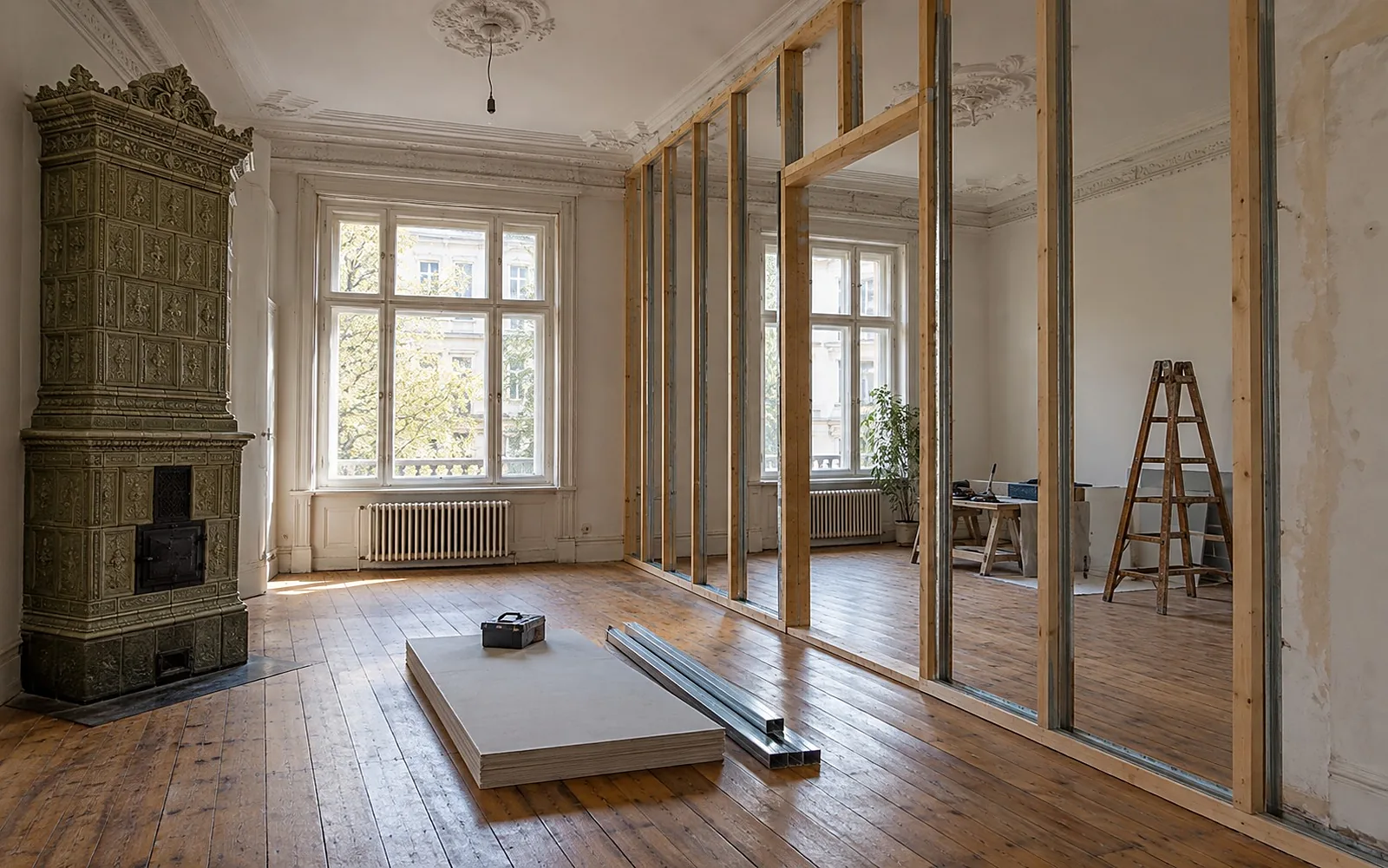 Gründerzeitwohnung mit Dielen und Kachelofen, eine neue Ständerwand teilt ein großes Zimmer