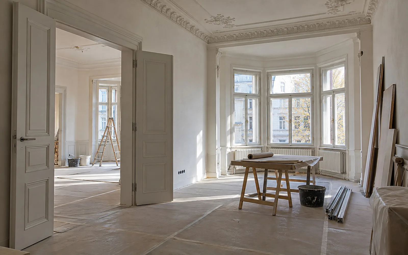 Altbauwohnung mit Erker im Umbau zur Praxis, neue breite Türen und frisch gespachtelte Wände