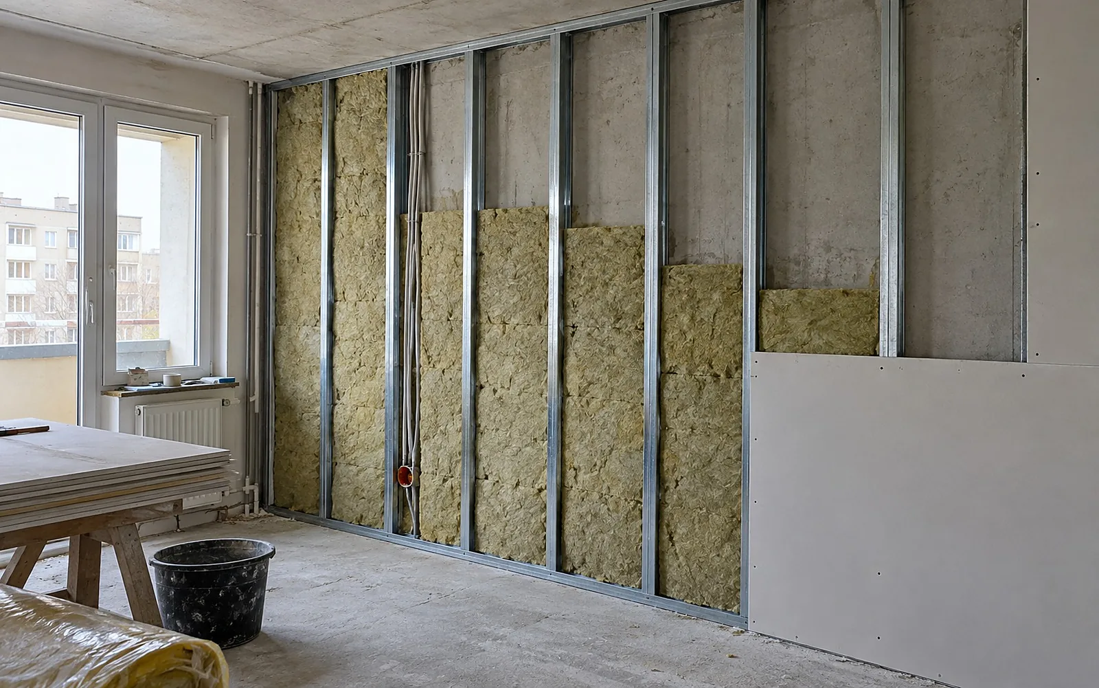 Plattenbauwohnung: Vorsatzschale mit Mineralwolle vor einer glatten Betonwand