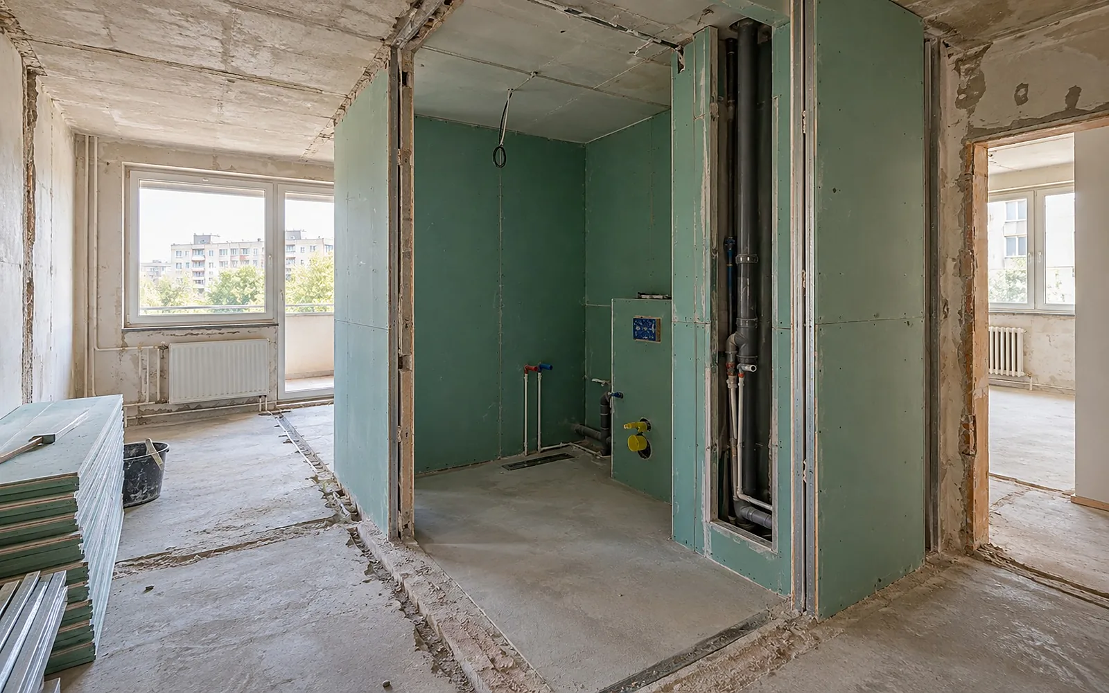 Leere Plattenbauwohnung im Umbau, neues Bad aus Trockenbau mit grünen Platten
