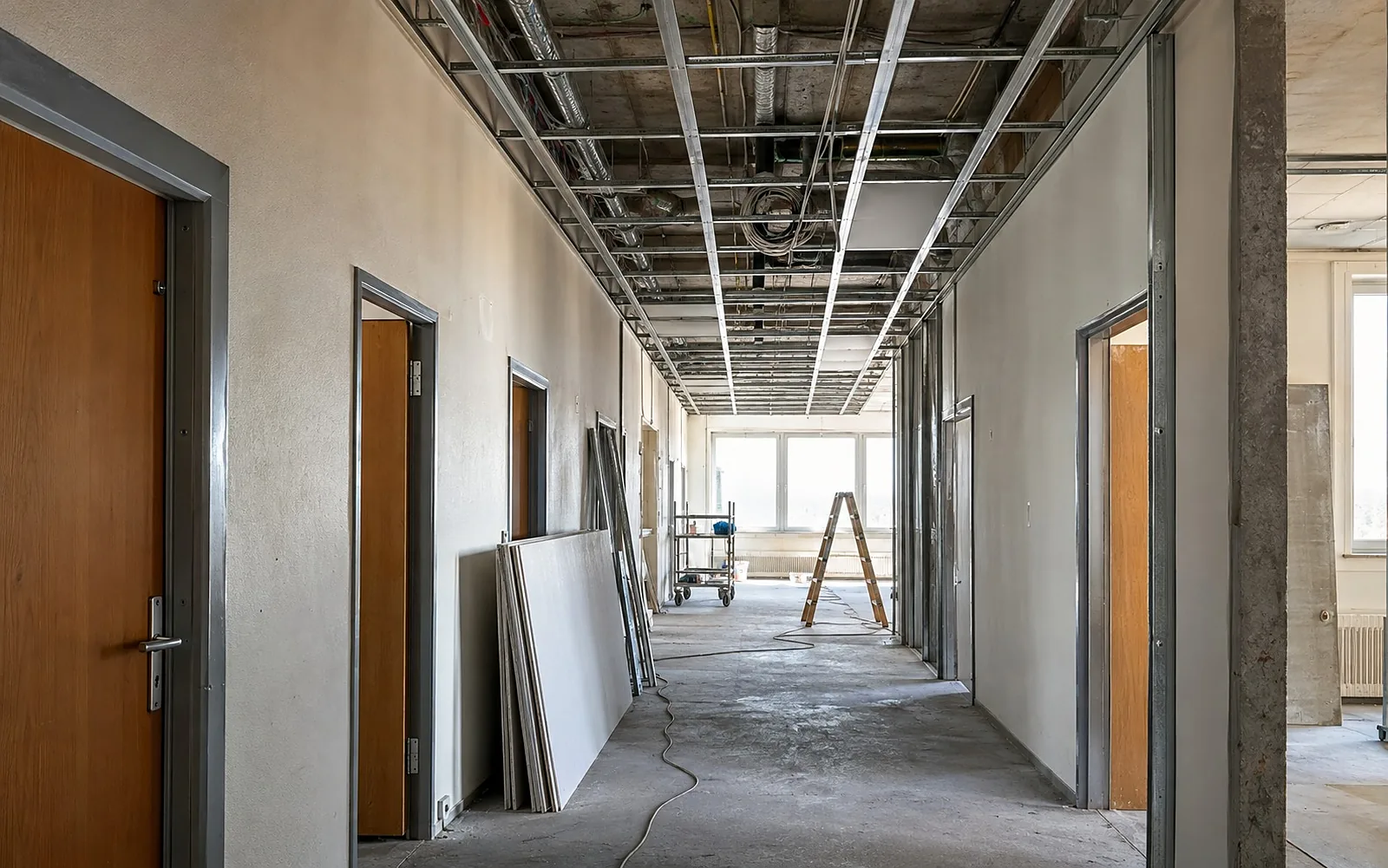 Büroflur in einem Verwaltungsbau der 1960er-Jahre, neue abgehängte Decke im Bau