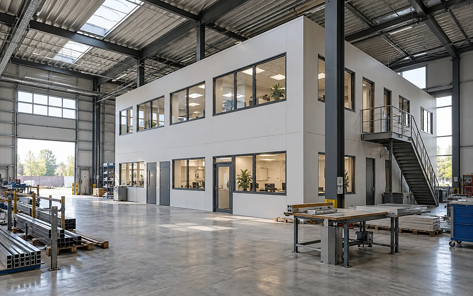 Werkhalle mit Stahltragwerk und zweigeschossigem Büroeinbau aus Trockenbau