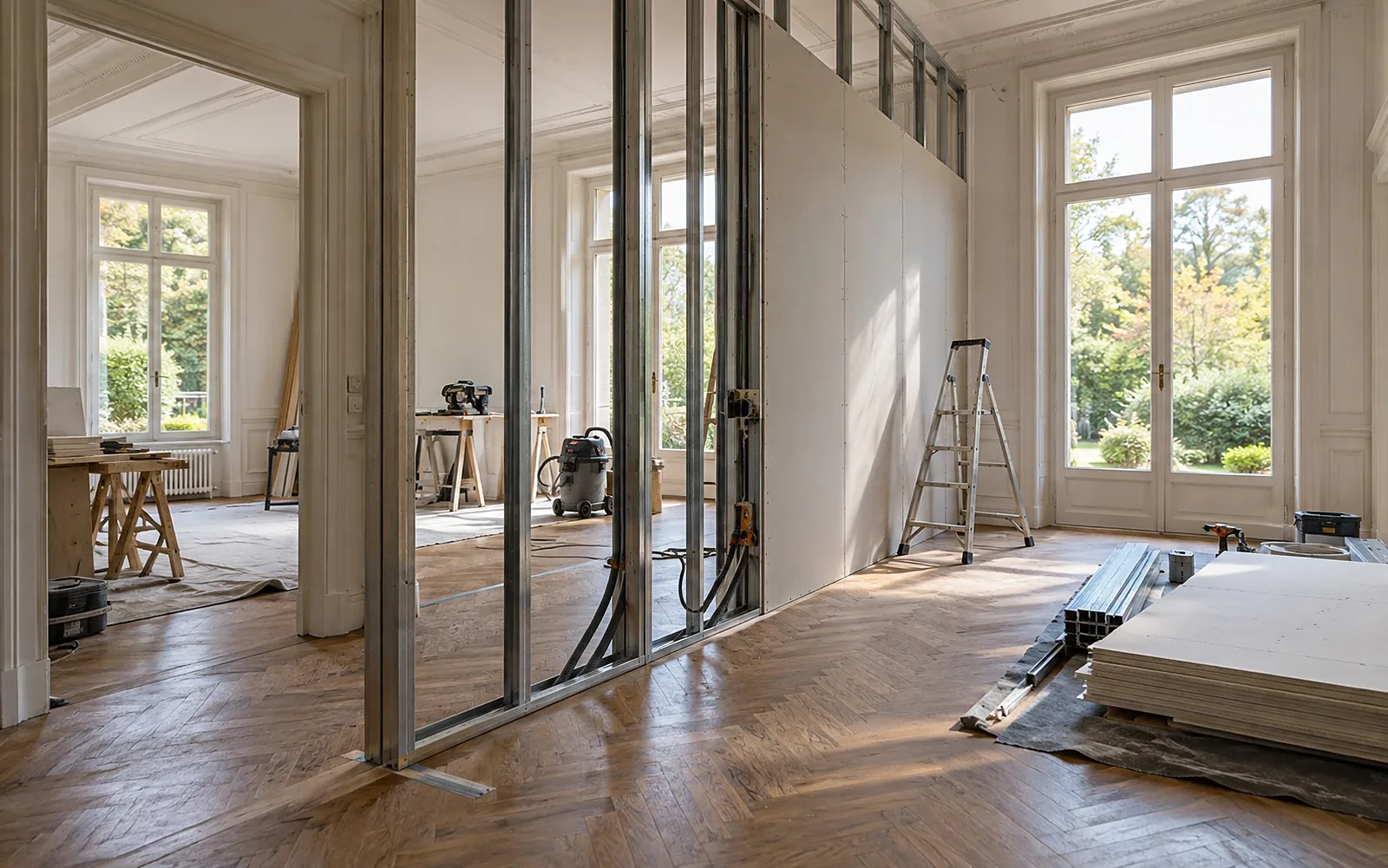 Erdgeschoss einer Stadtvilla mit Parkett, Umbau zu Praxisräumen mit neuer Trennwand