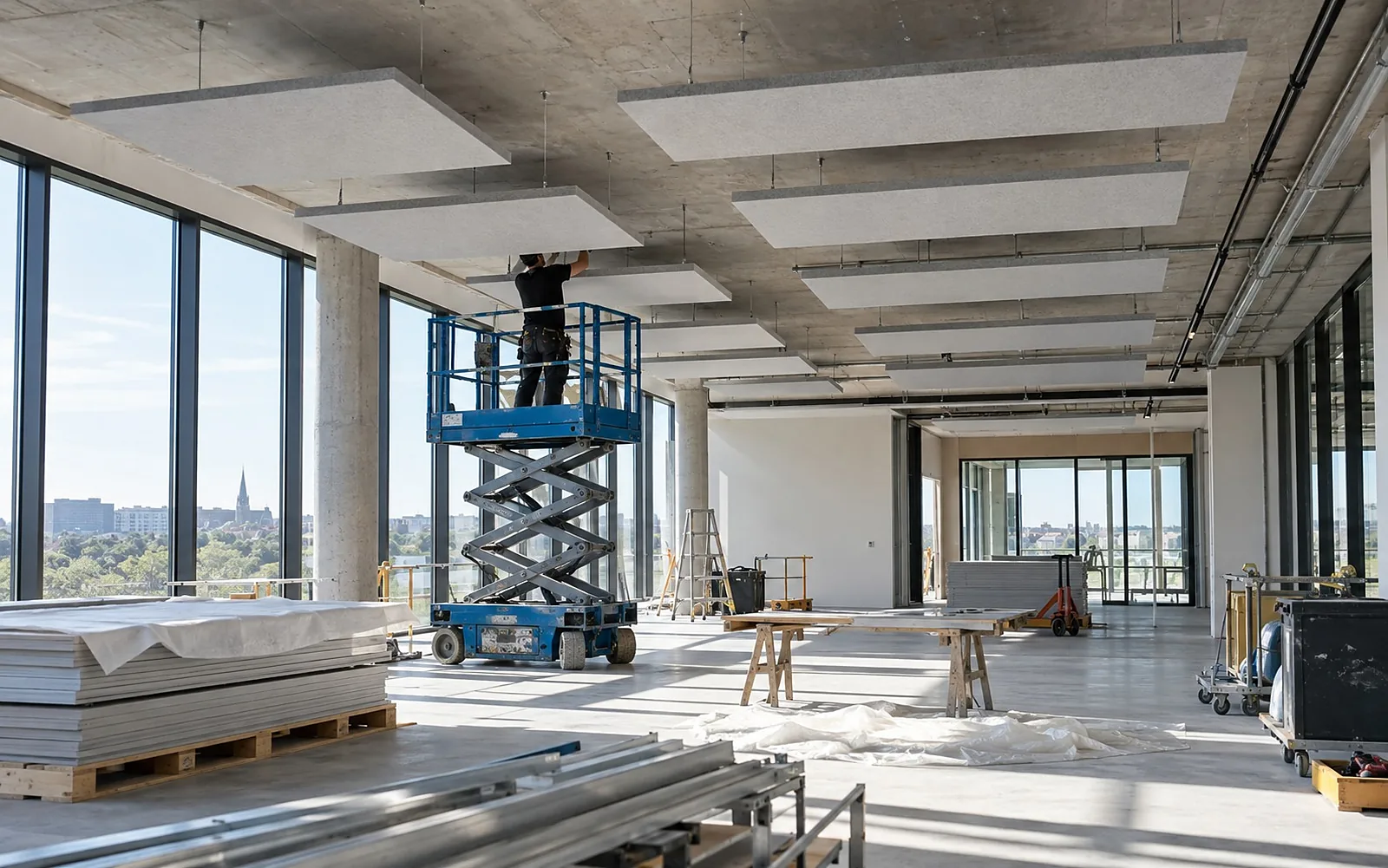 Neubau-Bürotrakt mit Sichtbetondecke, Akustikdeckensegel werden von einer Arbeitsbühne montiert