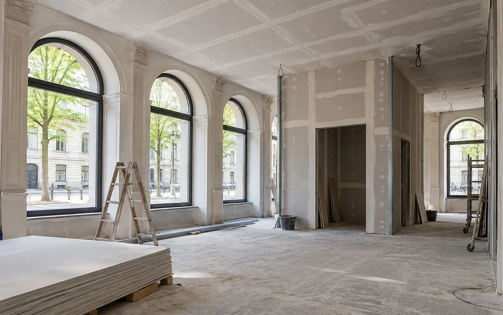 Erdgeschoss eines klassizistischen Stadthauses mit Rundbogenfenstern im Ausbau zum Laden