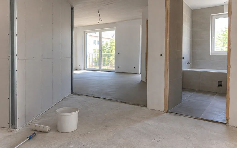 Was gehört zum Innenausbau: Wohnung im Ausbau mit Ständerwand, frischem Estrich und gefliestem Bad